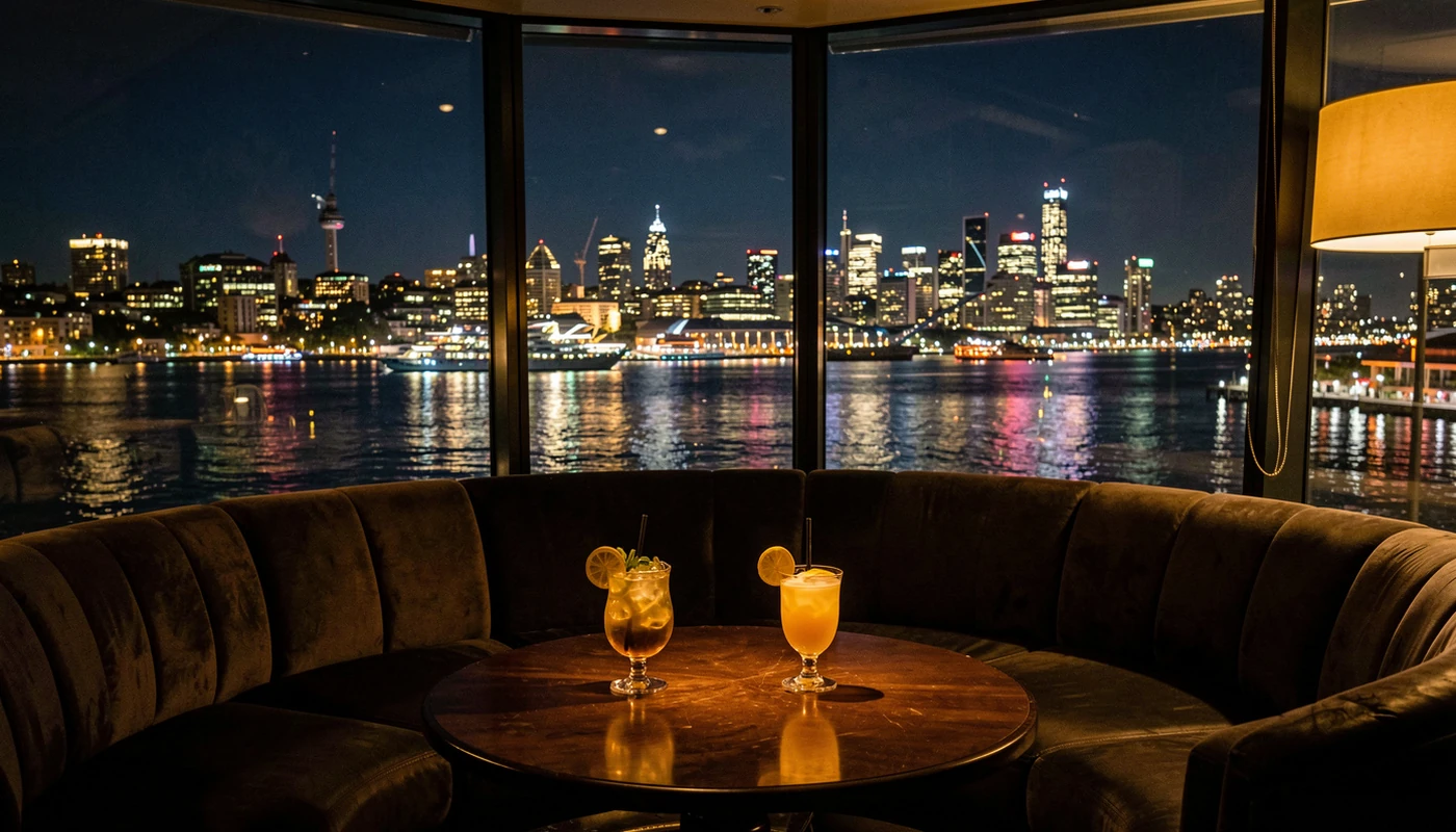 Auckland night date mood with city lights and a dark lounge