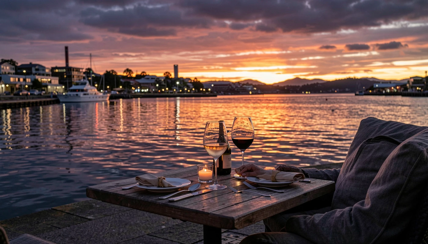 Tauranga waterfront date setting with dark coastal mood